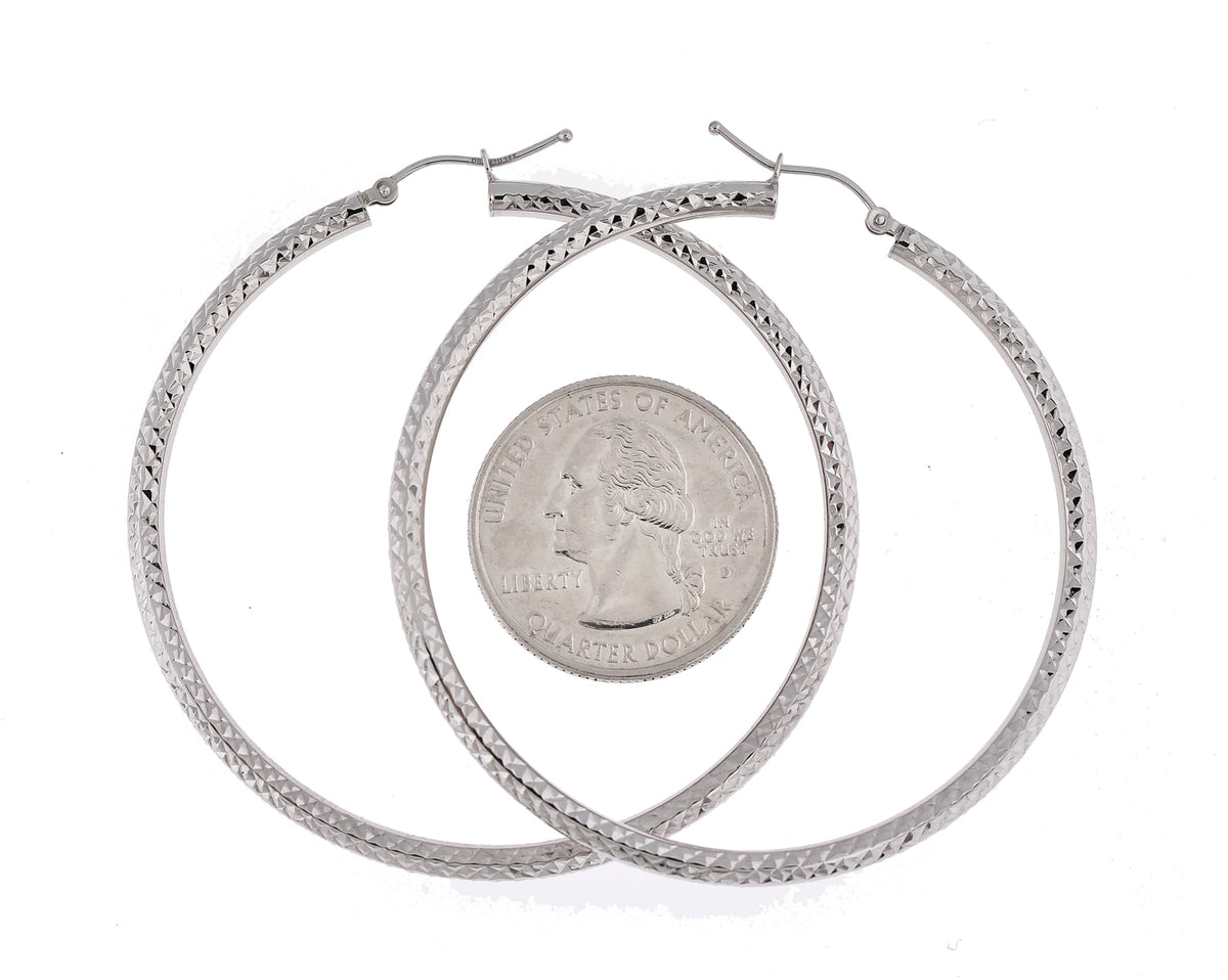 14k white gold 2.13 inch diameter large diamond cut round classic hoop earrings 54mm x 3mm