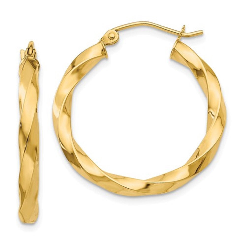 14k yellow gold twisted modern classic round hoop earrings 25mm x 3mm