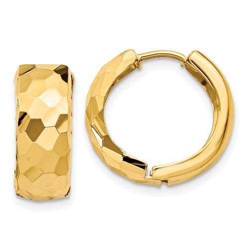 14k yellow gold faceted textured huggie hinged hoop earrings 15mm x 5mm