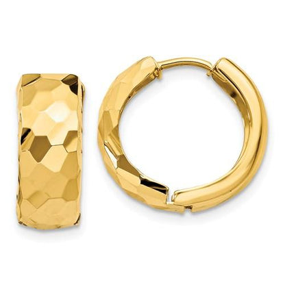 14k yellow gold faceted textured huggie hinged hoop earrings 15mm x 5mm