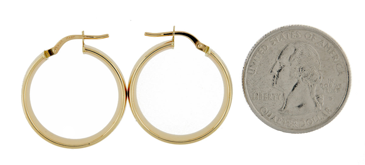 14k yellow gold round square tube hoop earrings 23mm x 7mm