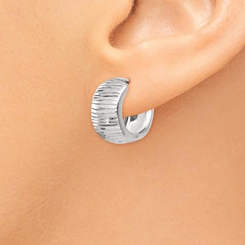 14k white gold textured huggie hinged hoop earrings 15mm x 15mm x 7mm