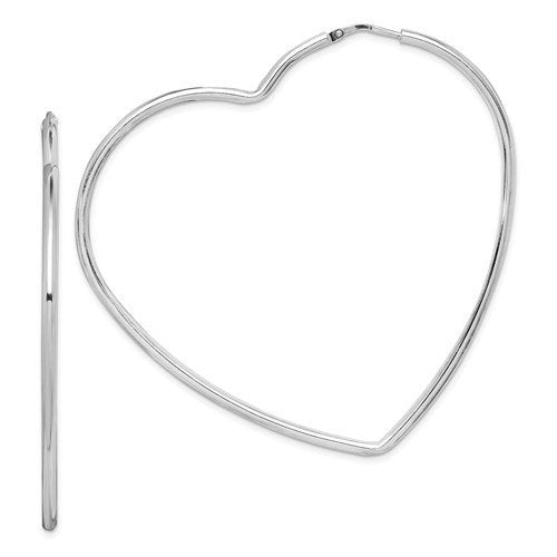 Sterling Silver Rhodium Plated 2.36 inch Heart Hoop Earrings 60mm x 2mm