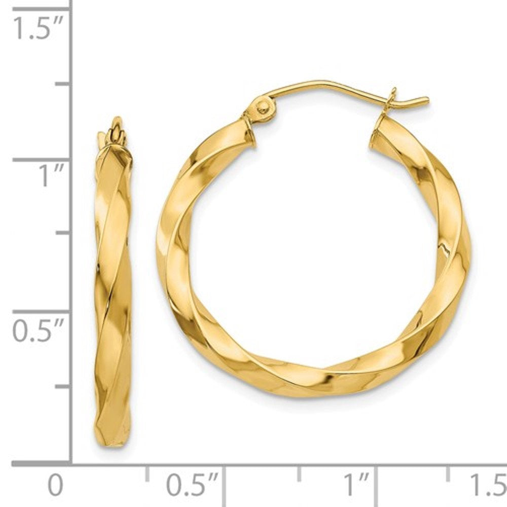 14k yellow gold twisted modern classic round hoop earrings 25mm x 3mm