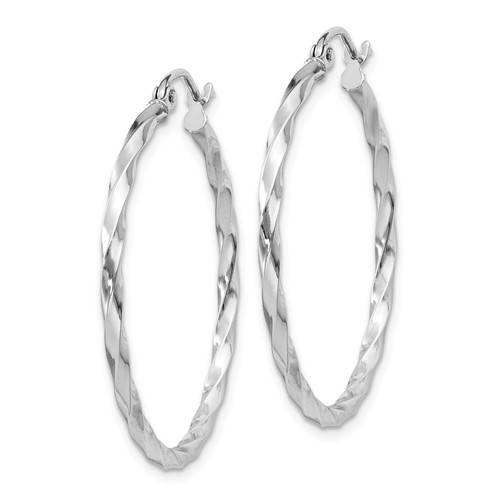 14K White Gold Twisted Modern Classic Round Hoop Earrings 30mm x 2mm