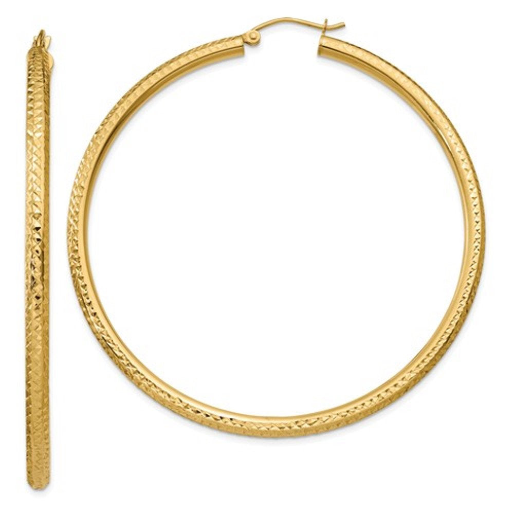 14K Yellow Gold 2.36 inch Large Diamond Cut Round Classic Hoop Earrings 60mm x 3mm