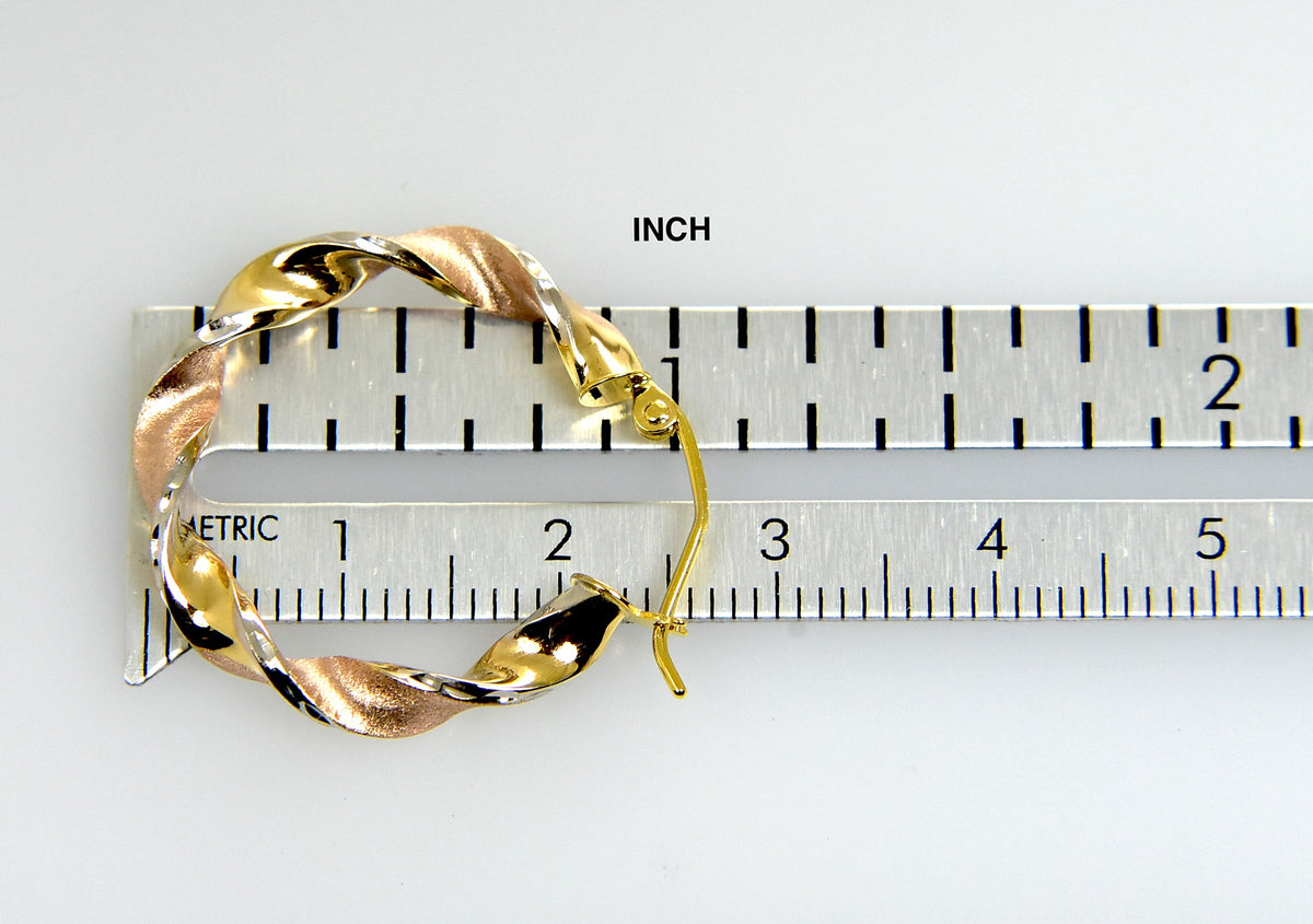 14k gold tri color twisted round hoop earrings