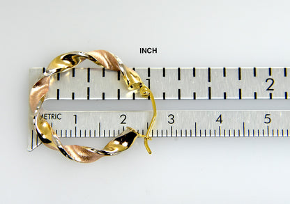 14k gold tri color twisted round hoop earrings