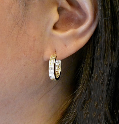 14k yellow gold greek key square tube round hoop earrings