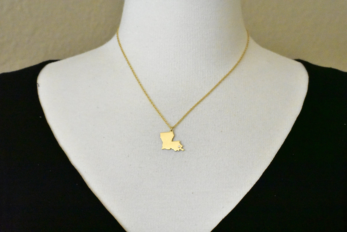 14k 10k yellow rose white gold diamond silver louisiana la state map personalized city necklace