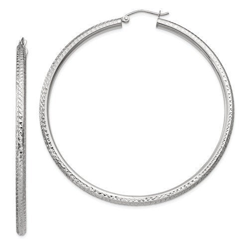 14k white gold 2.36 inch diameter large diamond cut round classic hoop earrings 60mm x 3mm