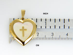 14K Yellow Gold Cross Mother of Pearl 19mm Heart Locket Pendant Charm