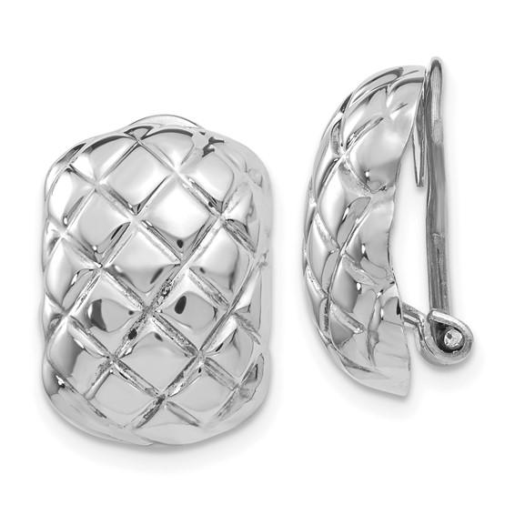 14k white gold non pierced clip on omega back quilted textured earrings