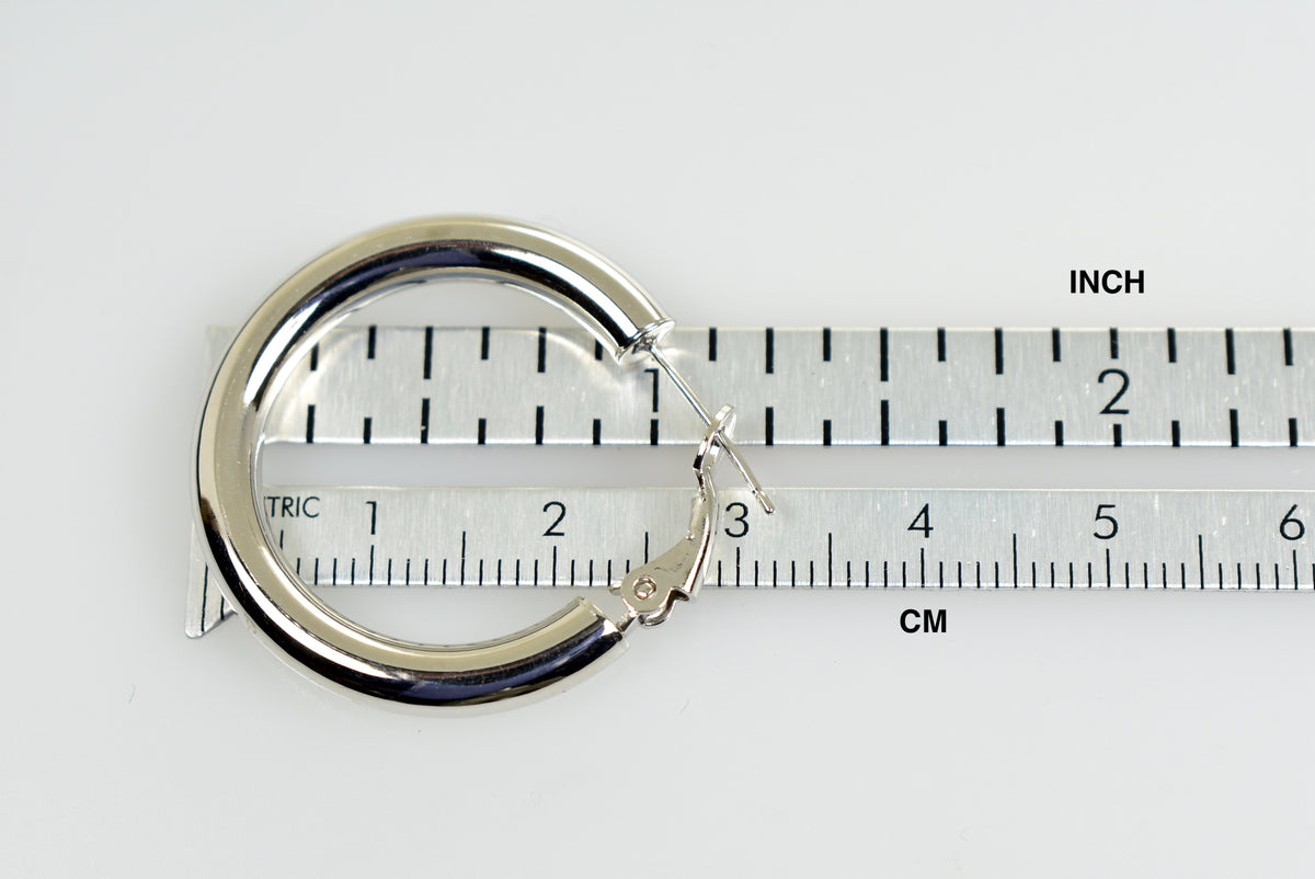 14k white gold round omega back hoop earrings 28mm x 4mm