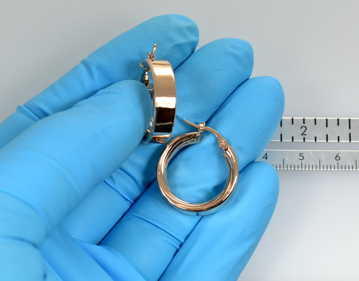 14k rose gold round square tube textured inside diamond cut hoop earrings 21mm x 5.5mm