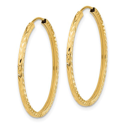14k yellow gold diamond cut square tube round endless hoop earrings 29mm x 1.35mm