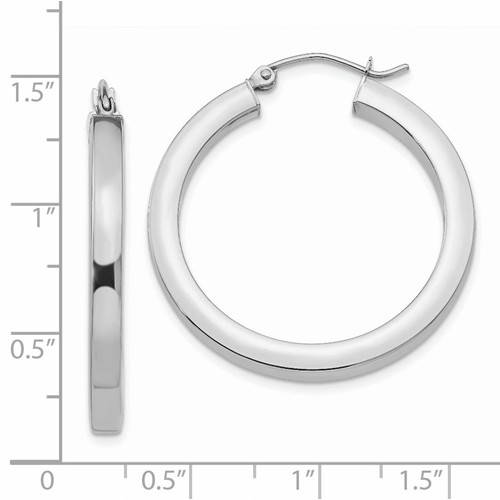 14k white gold square tube round hoop earrings 30mm x 3mm