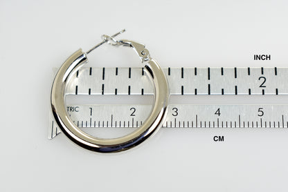 14k white gold round omega back hoop earrings 28mm x 4mm