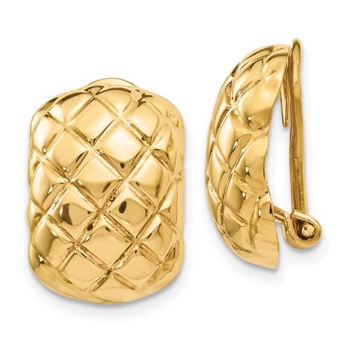 14k yellow gold non pierced clip on omega back quilted textured earrings