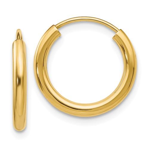 14k yellow gold round endless hoop earrings 15mm x 2mm
