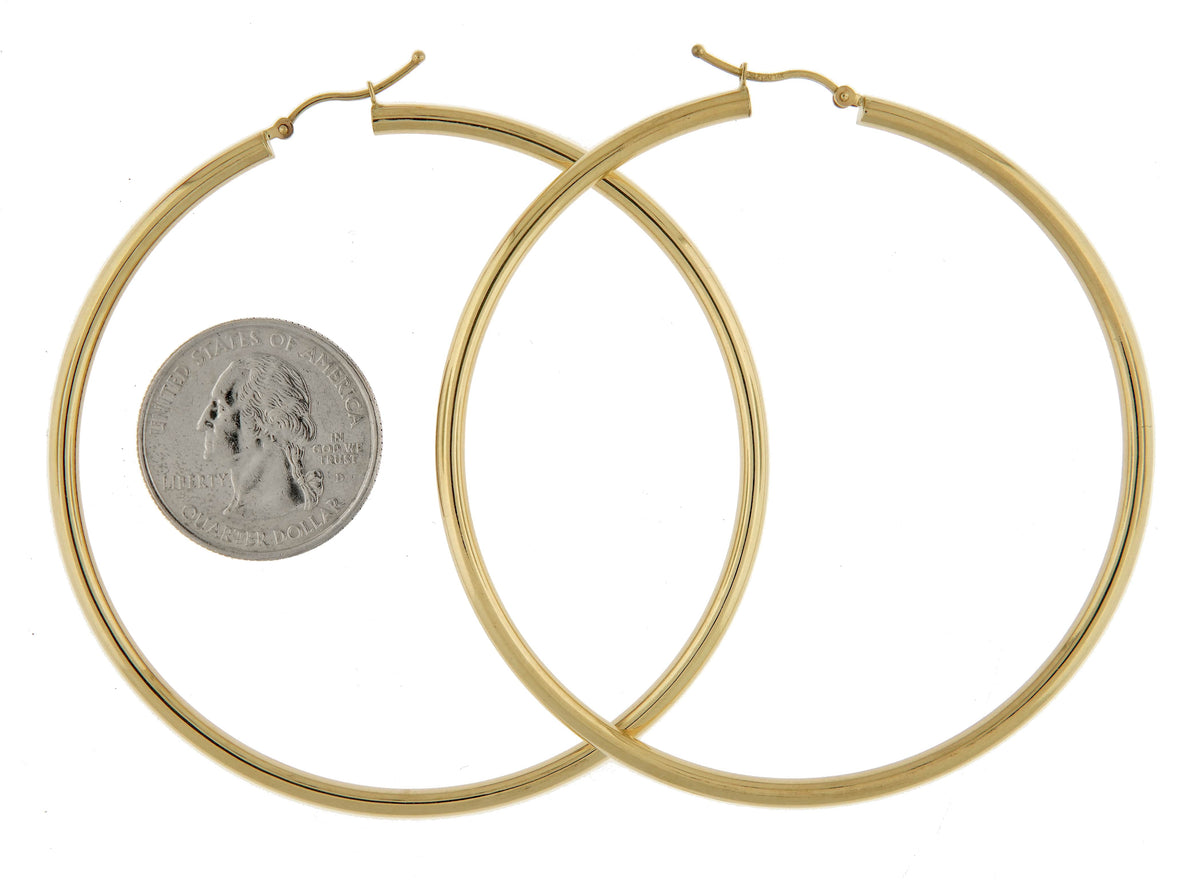 14k yellow gold 69mm x 3mm extra large round classic hoop earrings lightweight