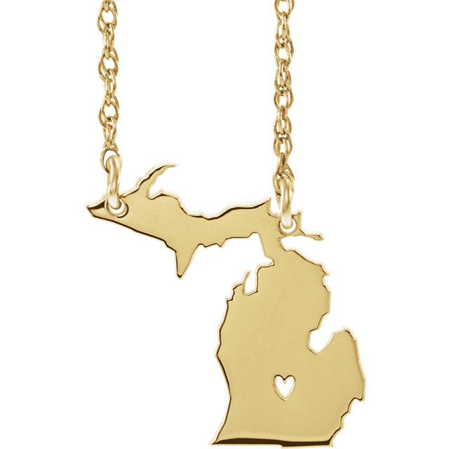 14k gold 10k gold silver michigan mi state map necklace heart personalized city