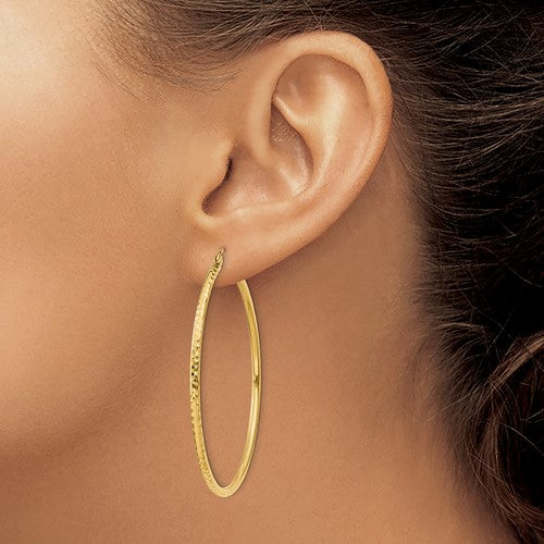 14k yellow gold diamond cut classic round hoop earrings 50mm x 2mm