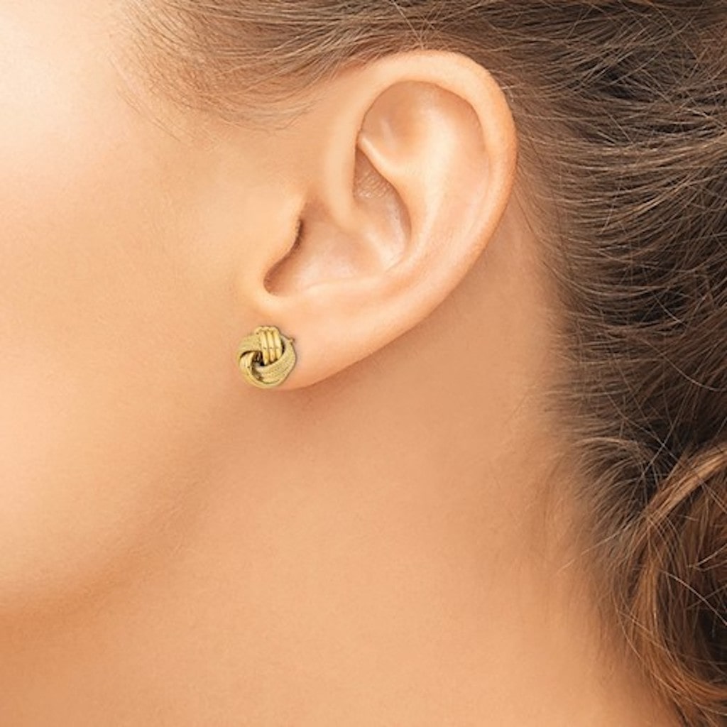 14k yellow gold 11mm textured love knot stud post earrings