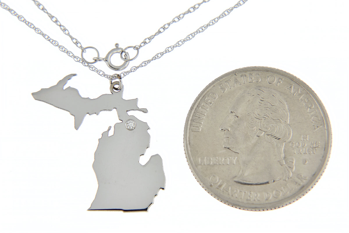 14k 10k yellow rose white gold diamond silver michigan mi state map personalized city necklace