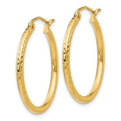 14k yellow gold diamond cut classic round hoop earrings 25mm x 2mm