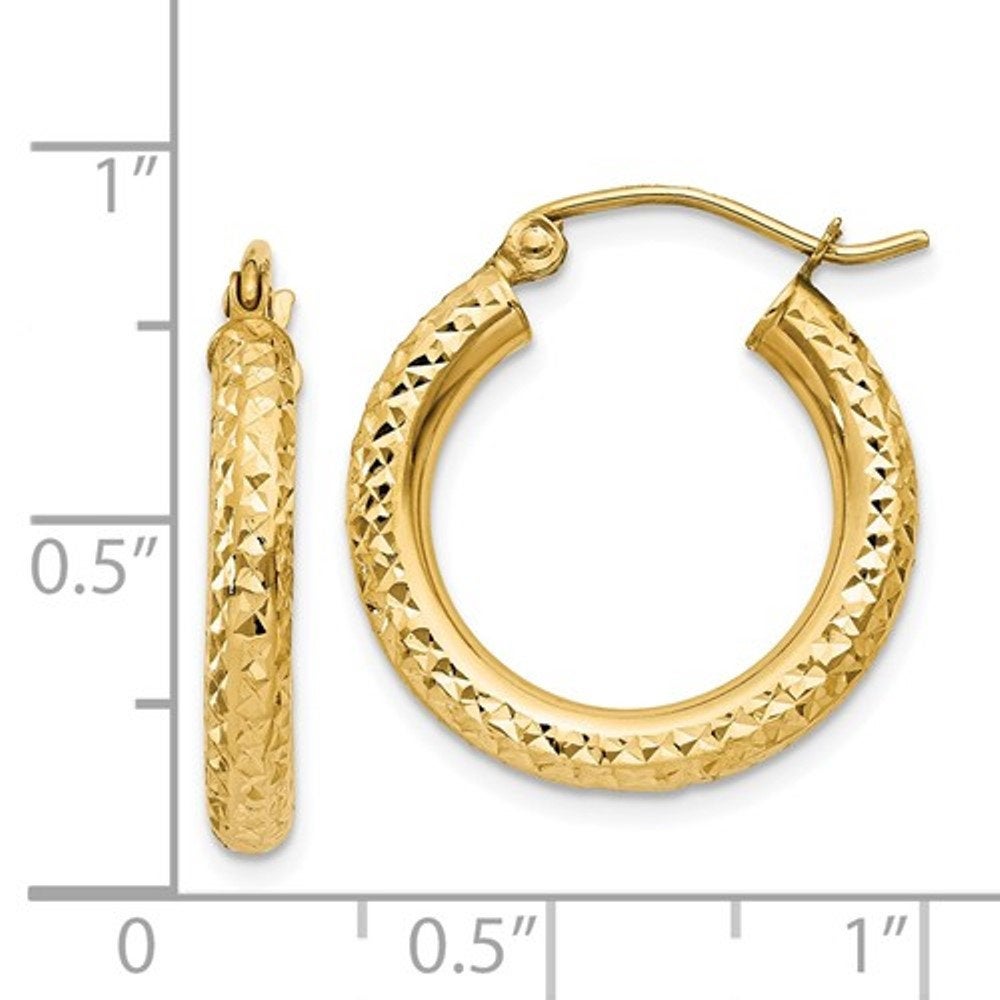 14K Yellow Gold Diamond Cut Classic Round Hoop Earrings 19mm x 3mm