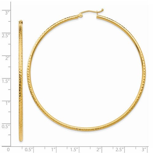 14k yellow gold diamond cut classic round hoop earrings 65mm x 2mm