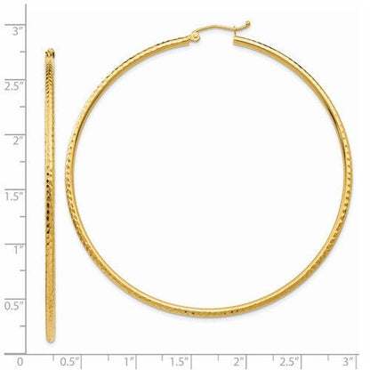 14k yellow gold diamond cut classic round hoop earrings 65mm x 2mm
