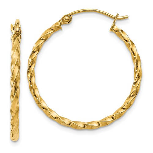 14k yellow gold twisted modern classic round hoop earrings 25mm x 2mm
