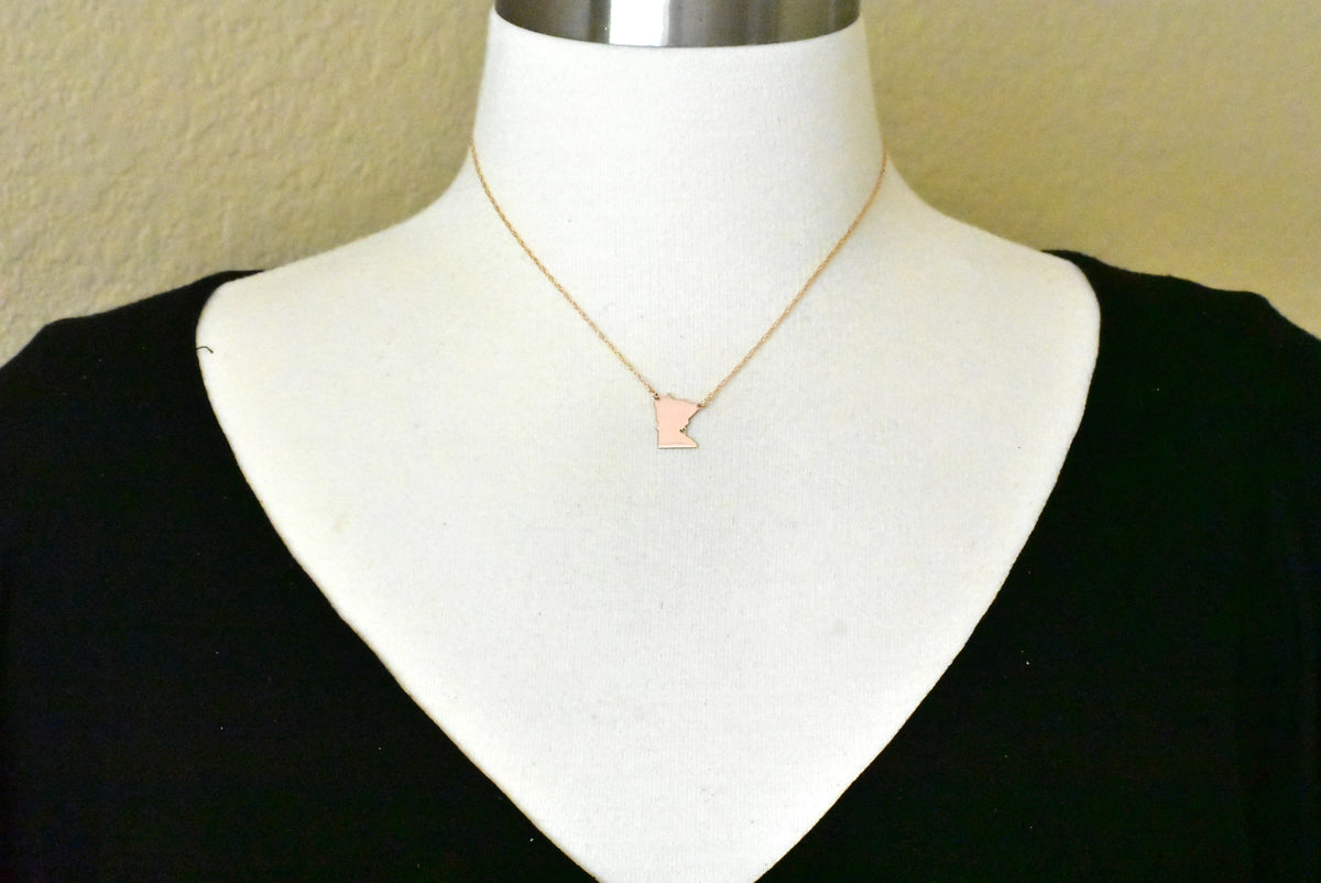 14k gold 10k gold silver minnesota mn state map necklace heart personalized city