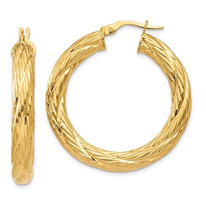 14k yellow gold textured round hoop earrings 33mm x 4.5mm