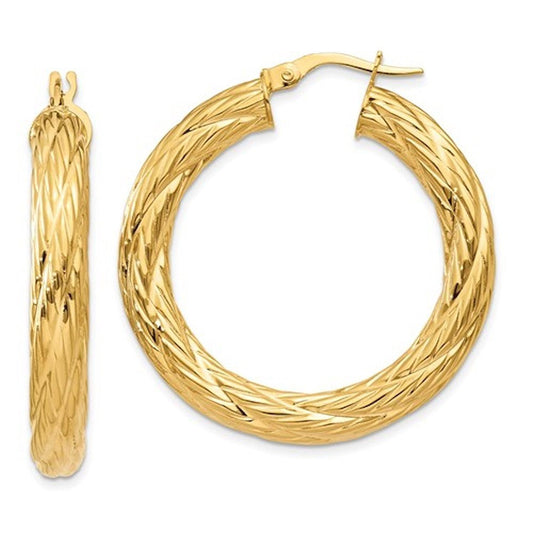 14k yellow gold textured round hoop earrings 33mm x 4.5mm