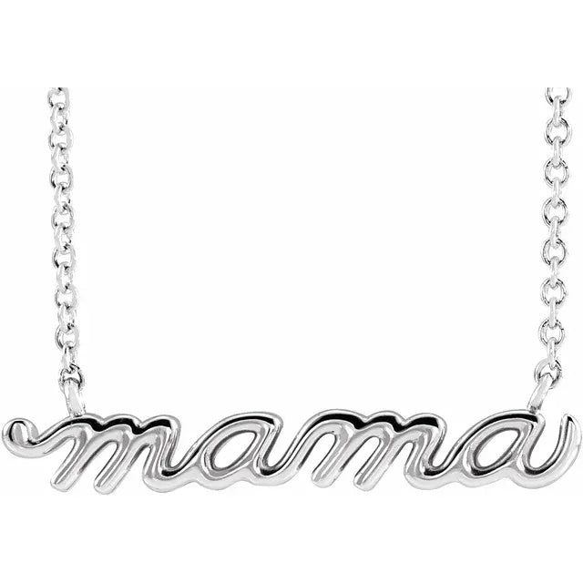 Platinum 14k Gold Sterling Silver Petite mama Script Necklace