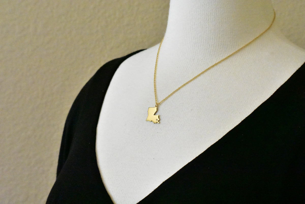 14k 10k yellow rose white gold diamond silver louisiana la state map personalized city necklace