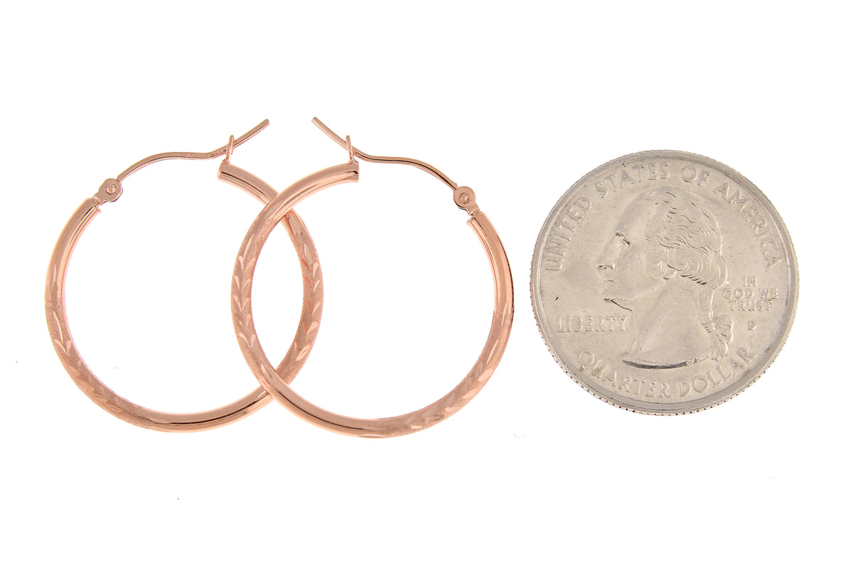14k rose gold diamond cut classic round textured satin hoop earrings 25mm x 2mm