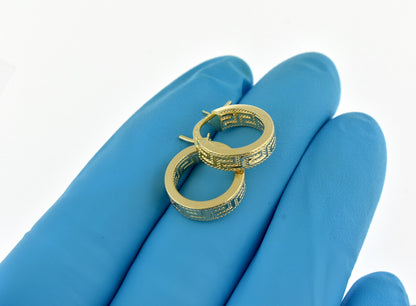 14k yellow gold greek key square tube round hoop earrings