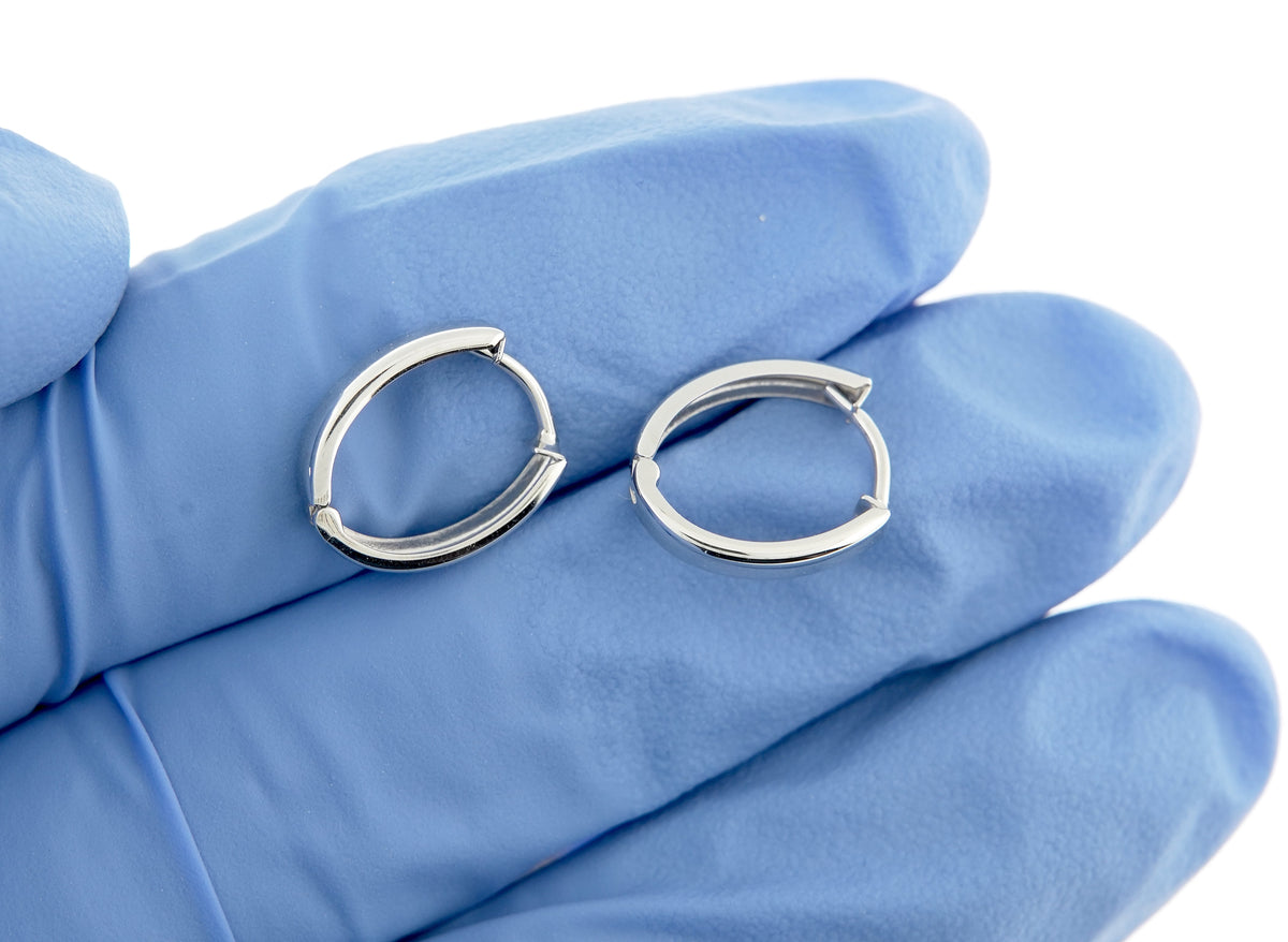 14k white gold small dainty huggie hinged hoop earrings 10mm x 2mm