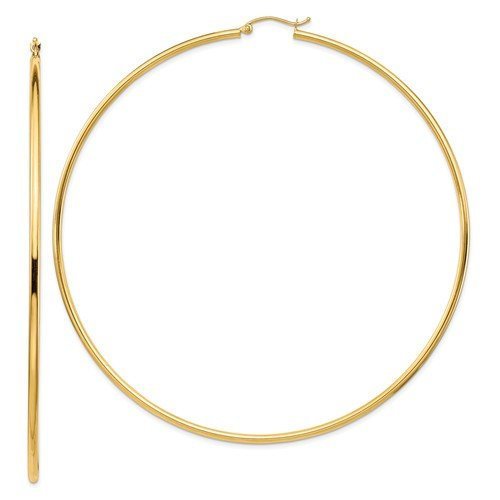 14k yellow gold extra large diameter 87mm x 2mm classic round hoop earrings 3.4 inches giant size super wide