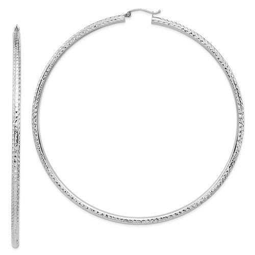 14k white gold 3.35 inch diameter extra large giant gigantic diamond cut round classic hoop earrings lightweight 85mm x 3mm