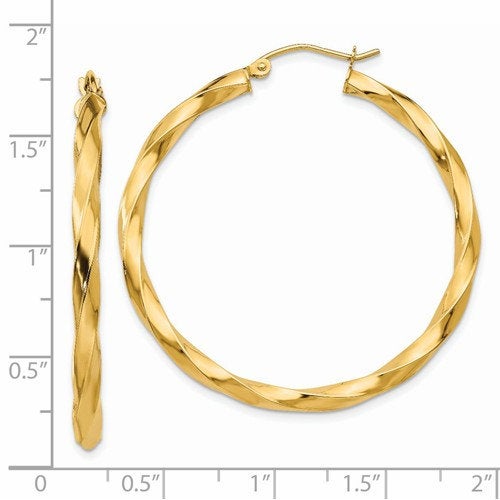 14k yellow gold twisted modern classic round hoop earrings 40mm x 3mm