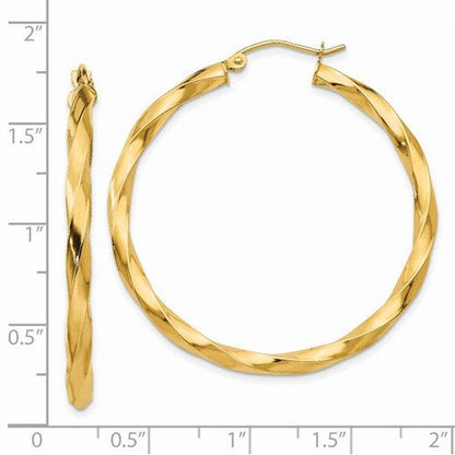 14k yellow gold twisted modern classic round hoop earrings 40mm x 3mm