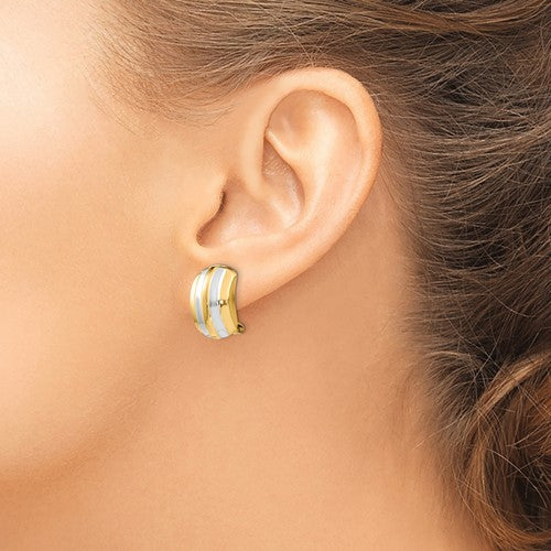 14k yellow gold rhodium two tone non pierced clip on huggie hoop earrings