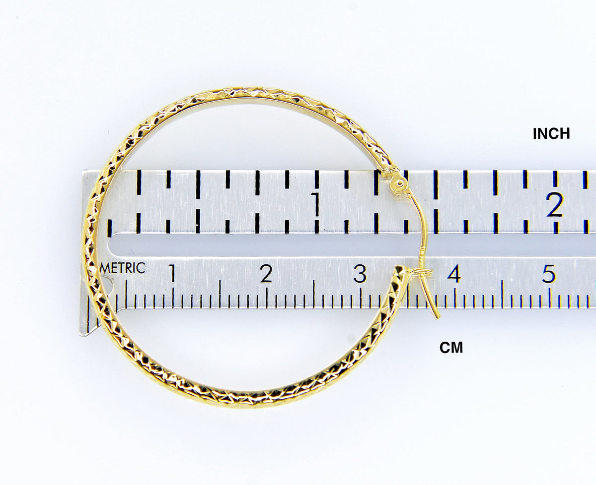 14k yellow gold diamond cut round hoop earrings 37mm x 2.5mm