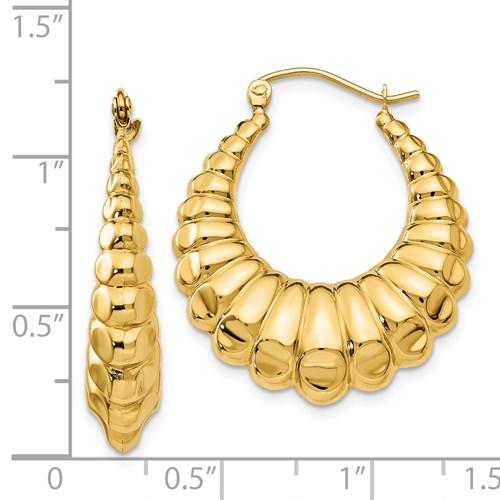 14K Yellow Gold Shrimp Scalloped Hollow Classic Hoop Earrings 25mm