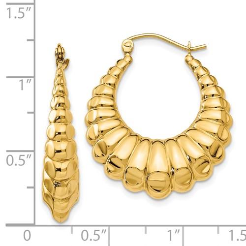 14k yellow gold shrimp scalloped hollow classic hoop earrings 25mm